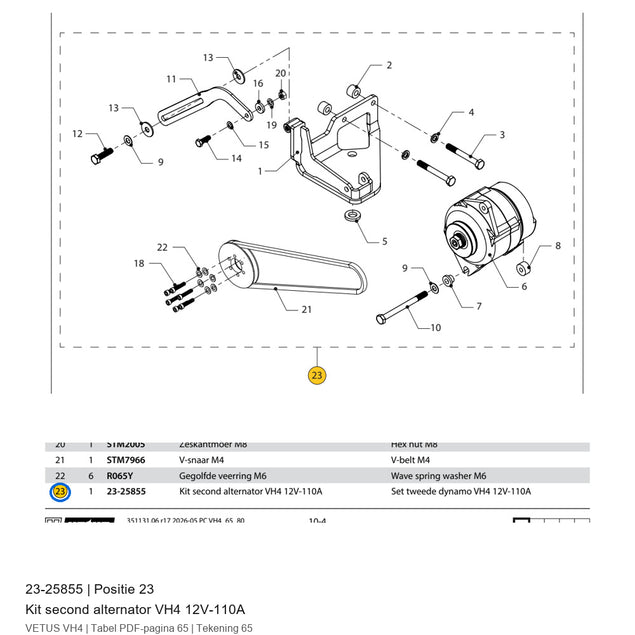 Kit second alternator - Vetus - 23-25855