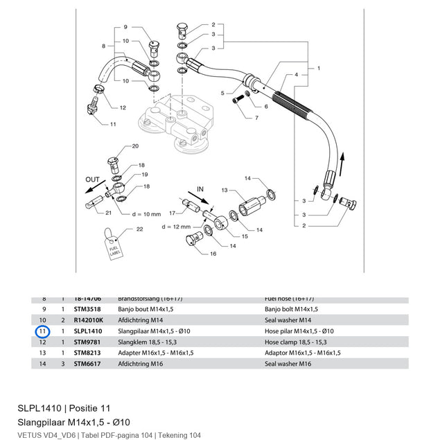 Slangpilaar M14x1,5 - Ø10 - Vetus - SLPL1410