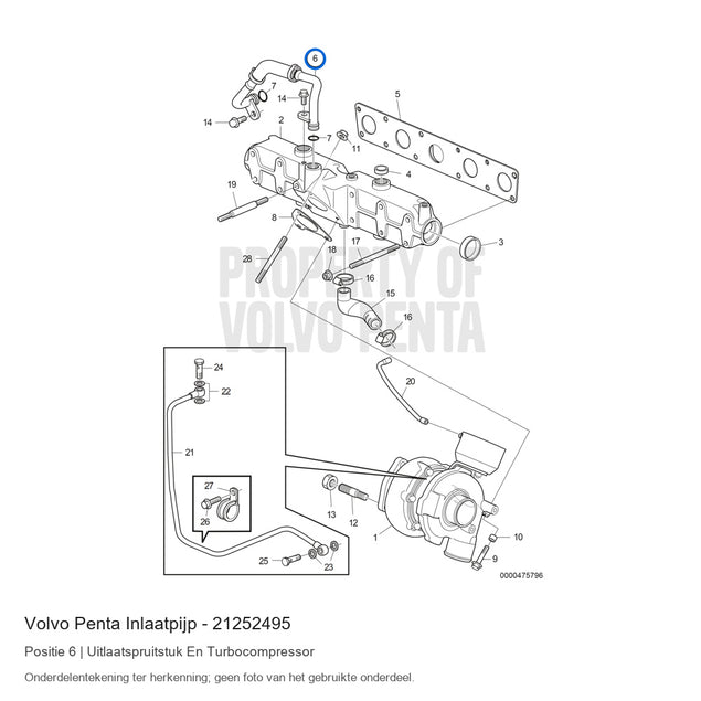 Volvo Penta inlaatpijp 21252495, positie 6 in de onderdelentekening