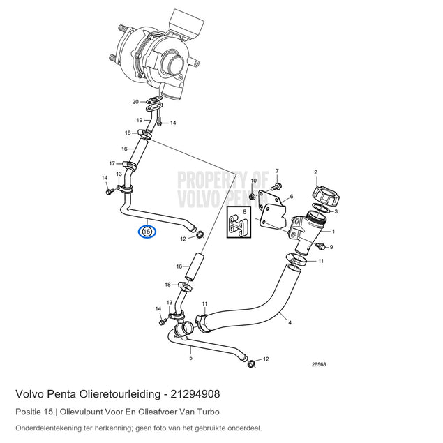 Volvo Penta olieretourleiding 21294908, positie 15 in de onderdelentekening