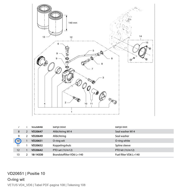 O-ring in PTO bearing case - Vetus - VD20651
